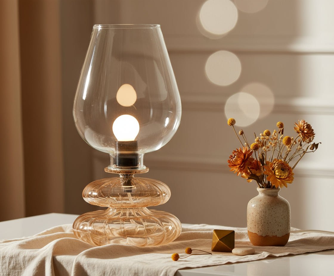 Glass table lamp with a clear glass shade on a white background