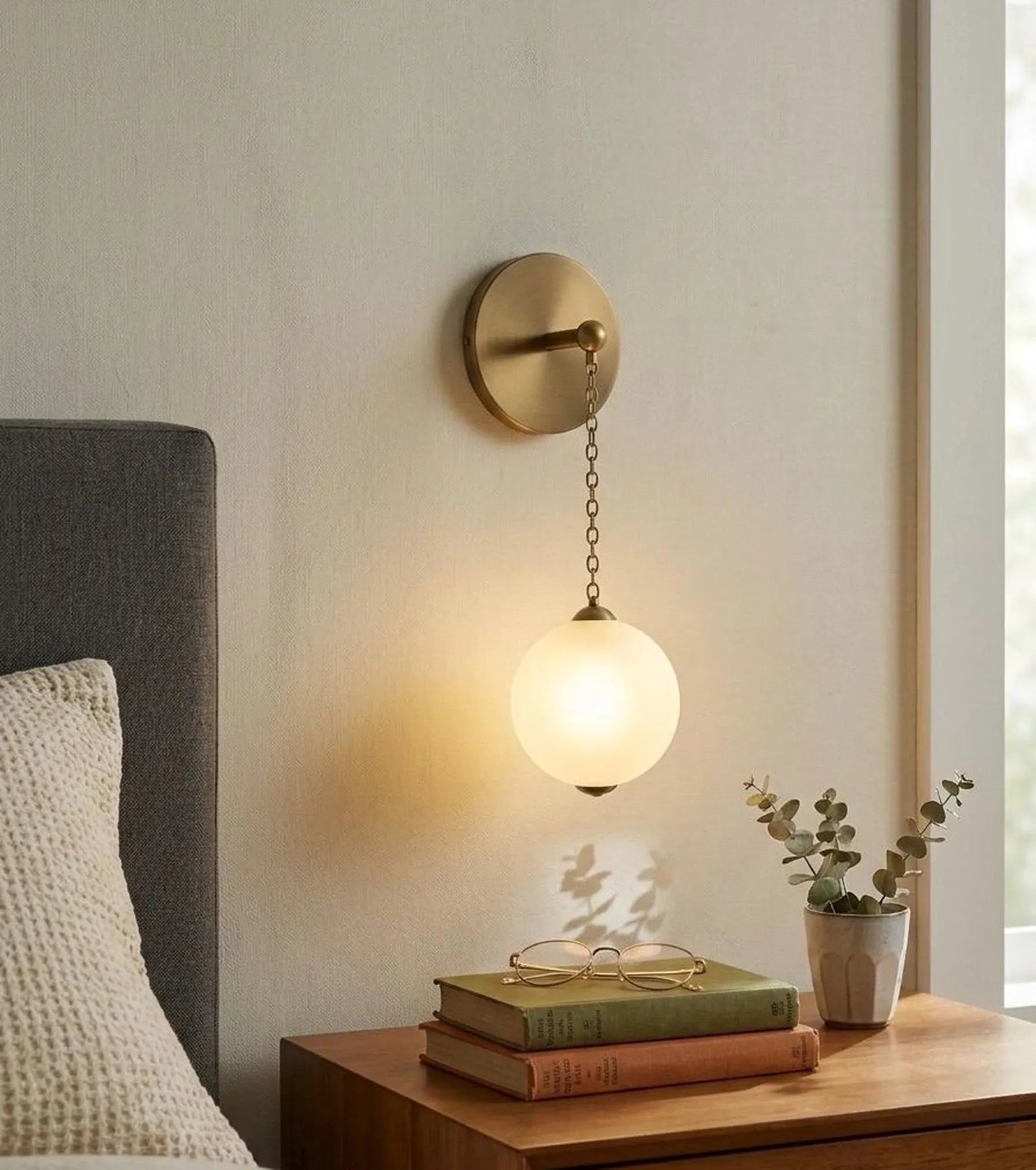 Wall-mounted lamp with a round bulb on a nightstand next to a bed.