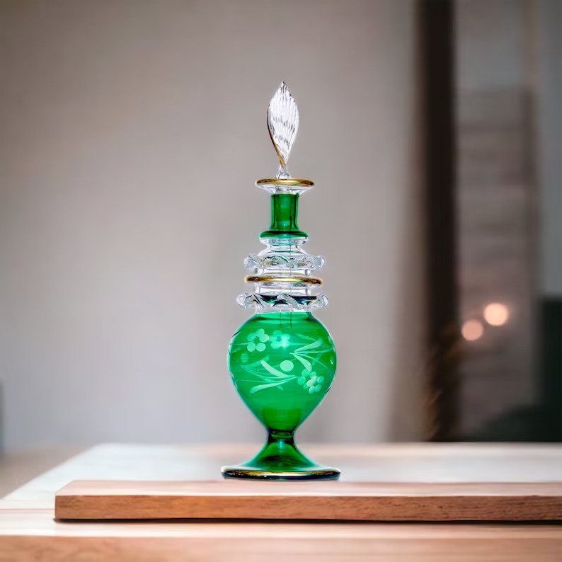 Hand-Blown Green Glass Bottle for Perfume & Essential Oils with Gold Detailing | Les Trois Pyramides