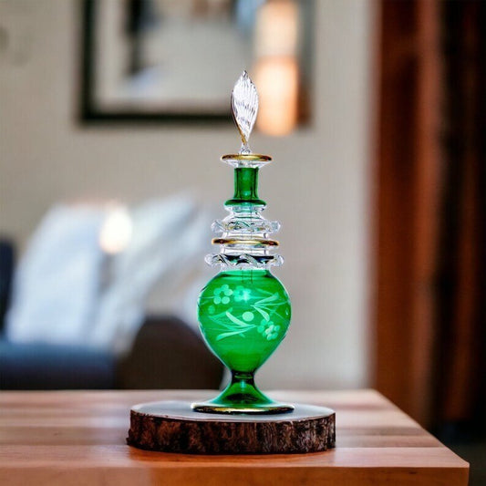 Hand-Blown Green Glass Bottle for Perfume & Essential Oils with Gold Detailing | Les Trois Pyramides