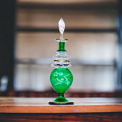 Hand-Blown Green Glass Bottle for Perfume & Essential Oils with Gold Detailing | Les Trois Pyramides