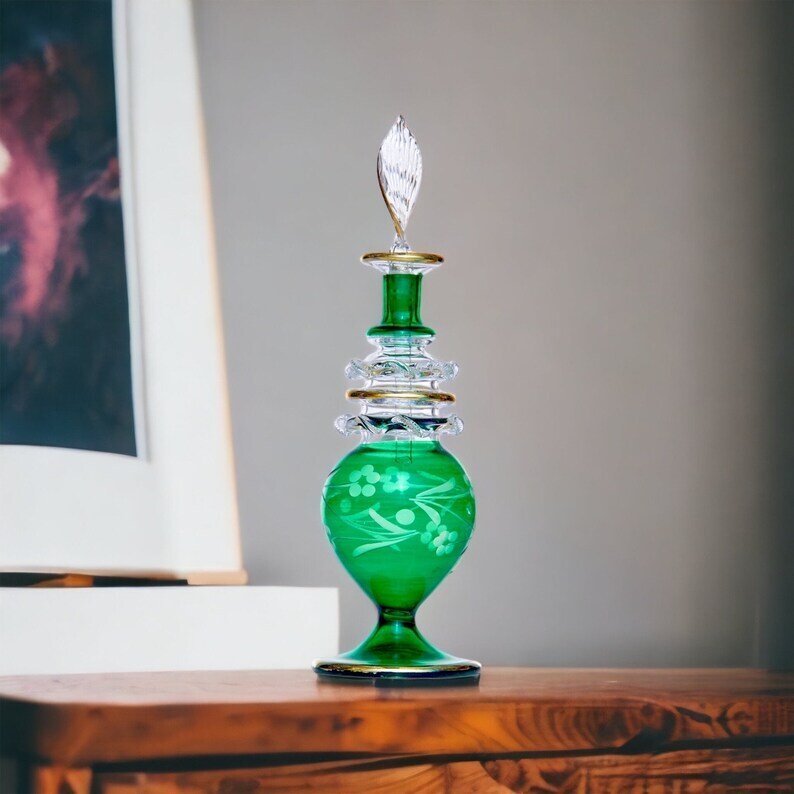 Hand-Blown Green Glass Bottle for Perfume & Essential Oils with Gold Detailing | Les Trois Pyramides