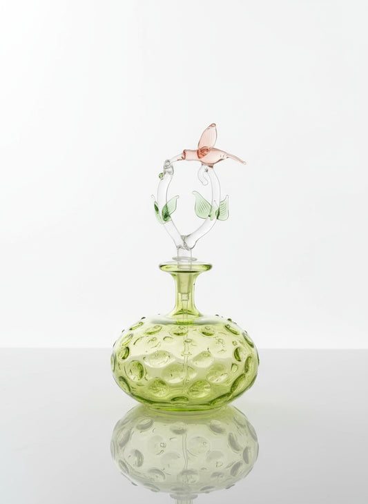 Hand-Blown Green Glass Perfume Bottle with Bird Accent | Les Trois Pyramides