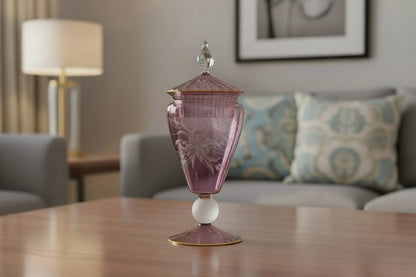 Hand-Blown Lavender Glass Lidded Jar with Etched Design