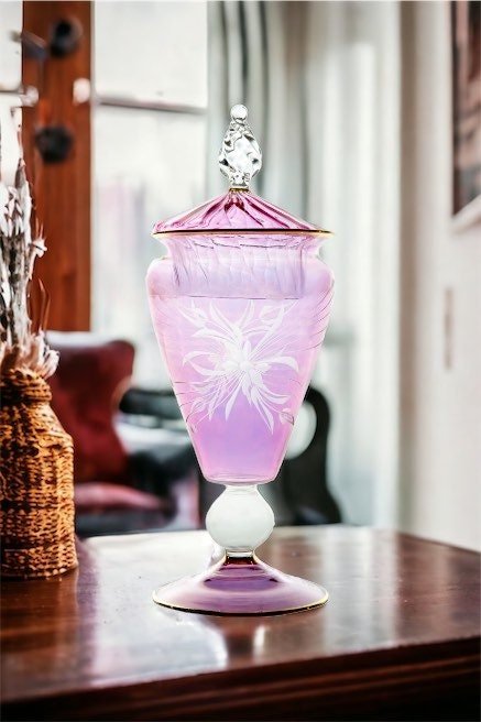 Hand-Blown Lavender Glass Lidded Jar with Etched Design | Les Trois Pyramides