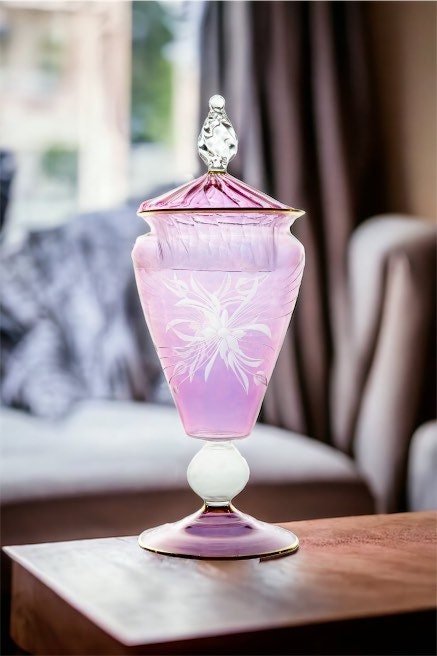 Hand-Blown Lavender Glass Lidded Jar with Etched Design | Les Trois Pyramides