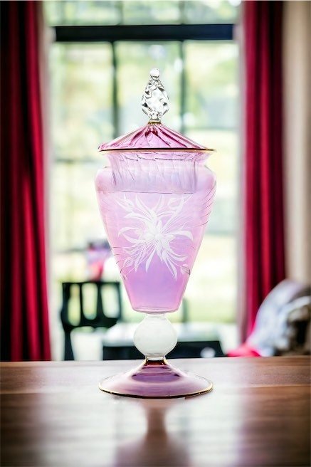 Hand-Blown Lavender Glass Lidded Jar with Etched Design | Les Trois Pyramides