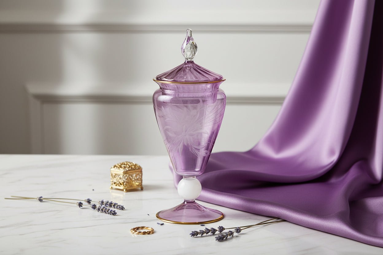 Hand-Blown Lavender Glass Lidded Jar with Etched Design