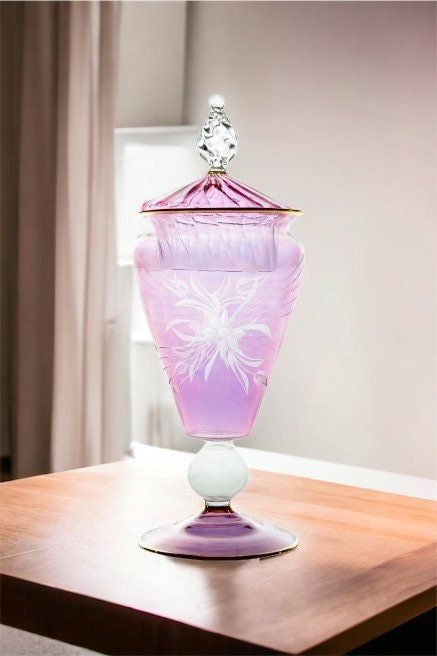 Hand-Blown Lavender Glass Lidded Jar with Etched Design | Les Trois Pyramides