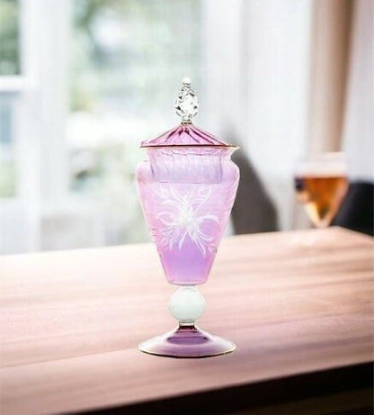 Hand-Blown Lavender Glass Lidded Jar with Etched Design | Les Trois Pyramides