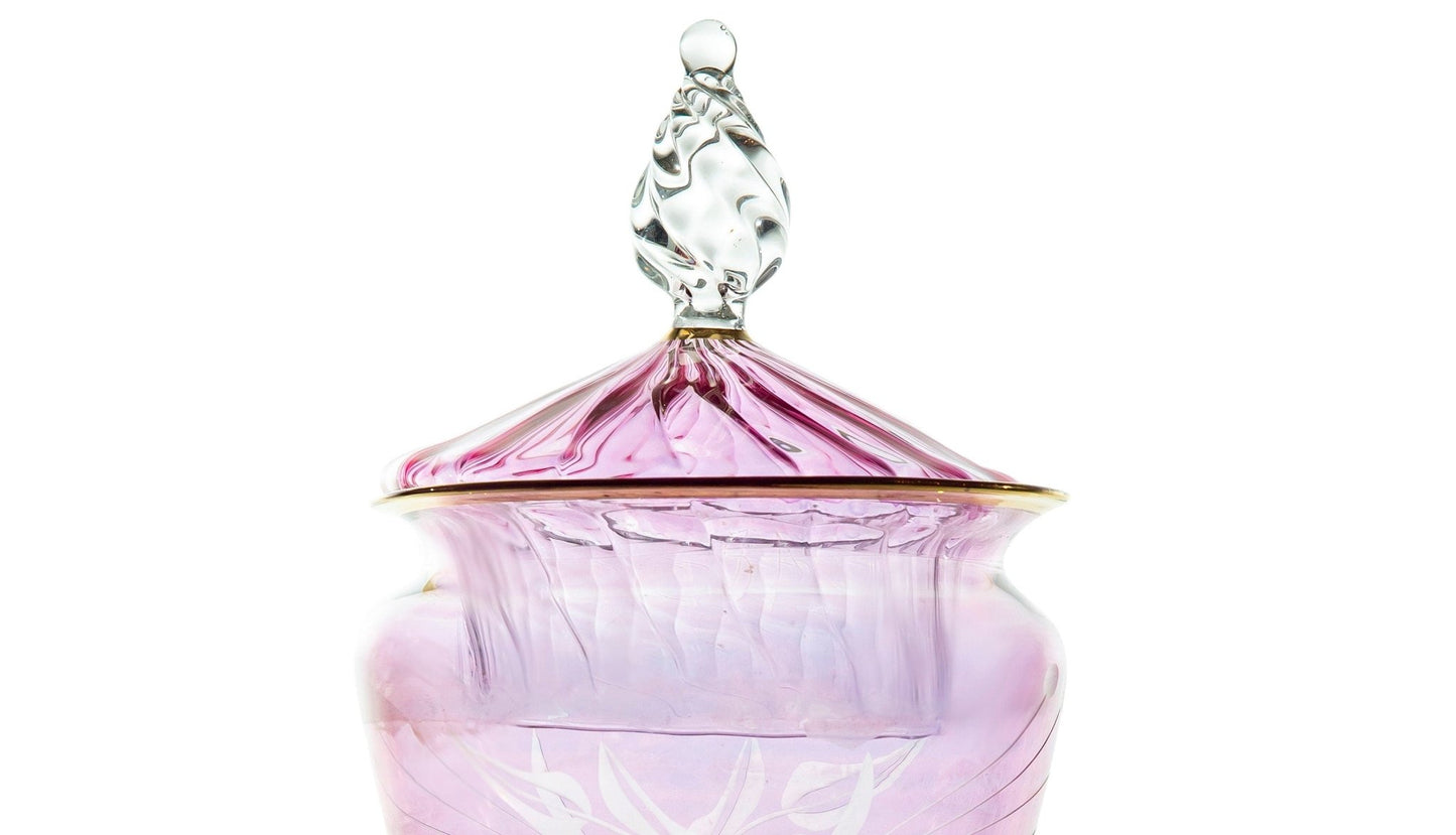 close up for Hand-Blown Lavender Glass Lidded Jar with Etched Design | Les Trois Pyramides