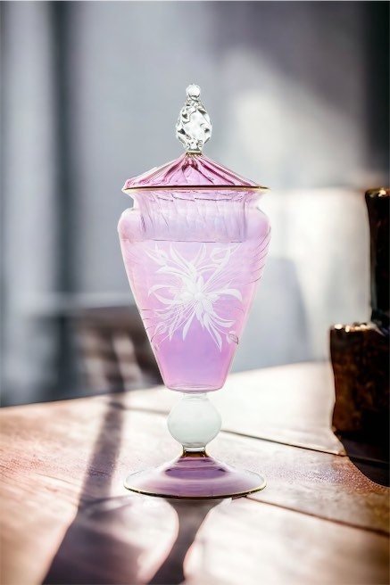 Hand-Blown Lavender Glass Lidded Jar with Etched Design | Les Trois Pyramides