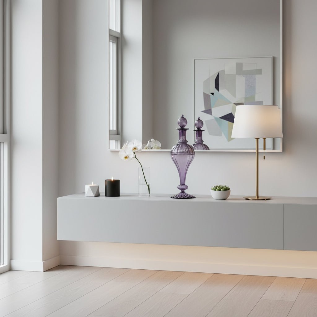 Hand-Blown Lavender Glass Decanter – Ribbed Vintage-Inspired Decorative Art Glass Bottle