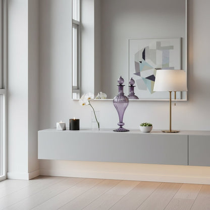 Hand-Blown Lavender Glass Decanter – Ribbed Vintage-Inspired Decorative Art Glass Bottle