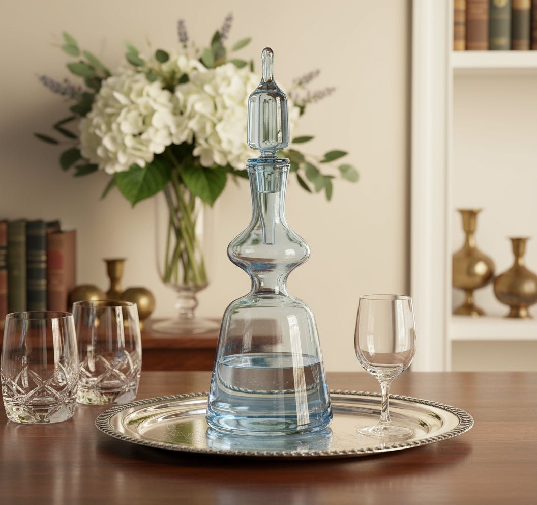 Hand-Blown Light Blue Glass Decanter – Classic Design with Stopper