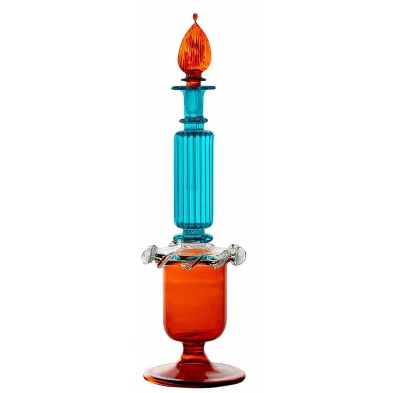 Hand-Blown Multicolor Glass Perfume Bottle - Turquoise & Amber Design with white background | Les Trois Pyramides