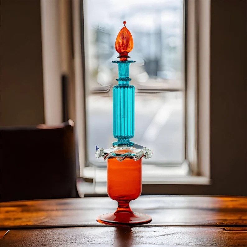 Hand-Blown Multicolor Glass Perfume Bottle - Turquoise & Amber Design | Les Trois Pyramides