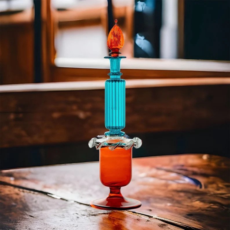 Hand-Blown Multicolor Glass Perfume Bottle - Turquoise & Amber Design | Les Trois Pyramides 