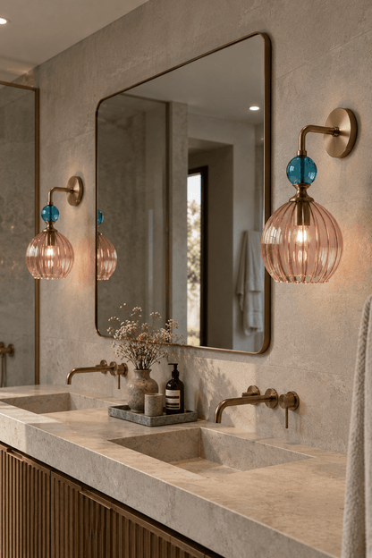 Hand Blown Pink Ribbed Glass Wall Sconce with Brass & Turquoise Accents