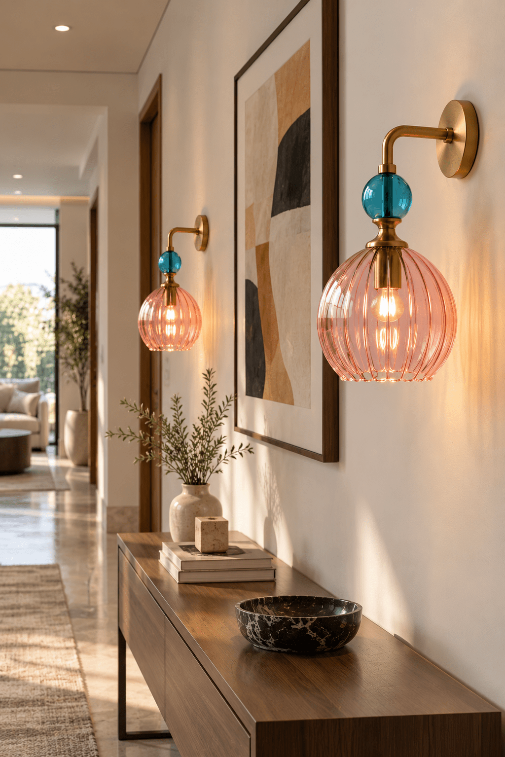 Hand Blown Pink Ribbed Glass Wall Sconce with Brass & Turquoise Accents