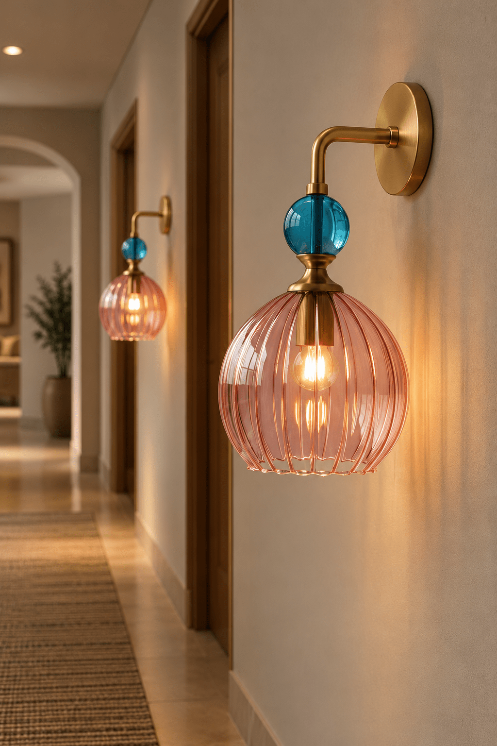 Hand Blown Pink Ribbed Glass Wall Sconce with Brass & Turquoise Accents