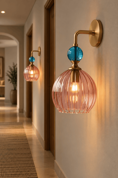 Hand Blown Pink Ribbed Glass Wall Sconce with Brass & Turquoise Accents