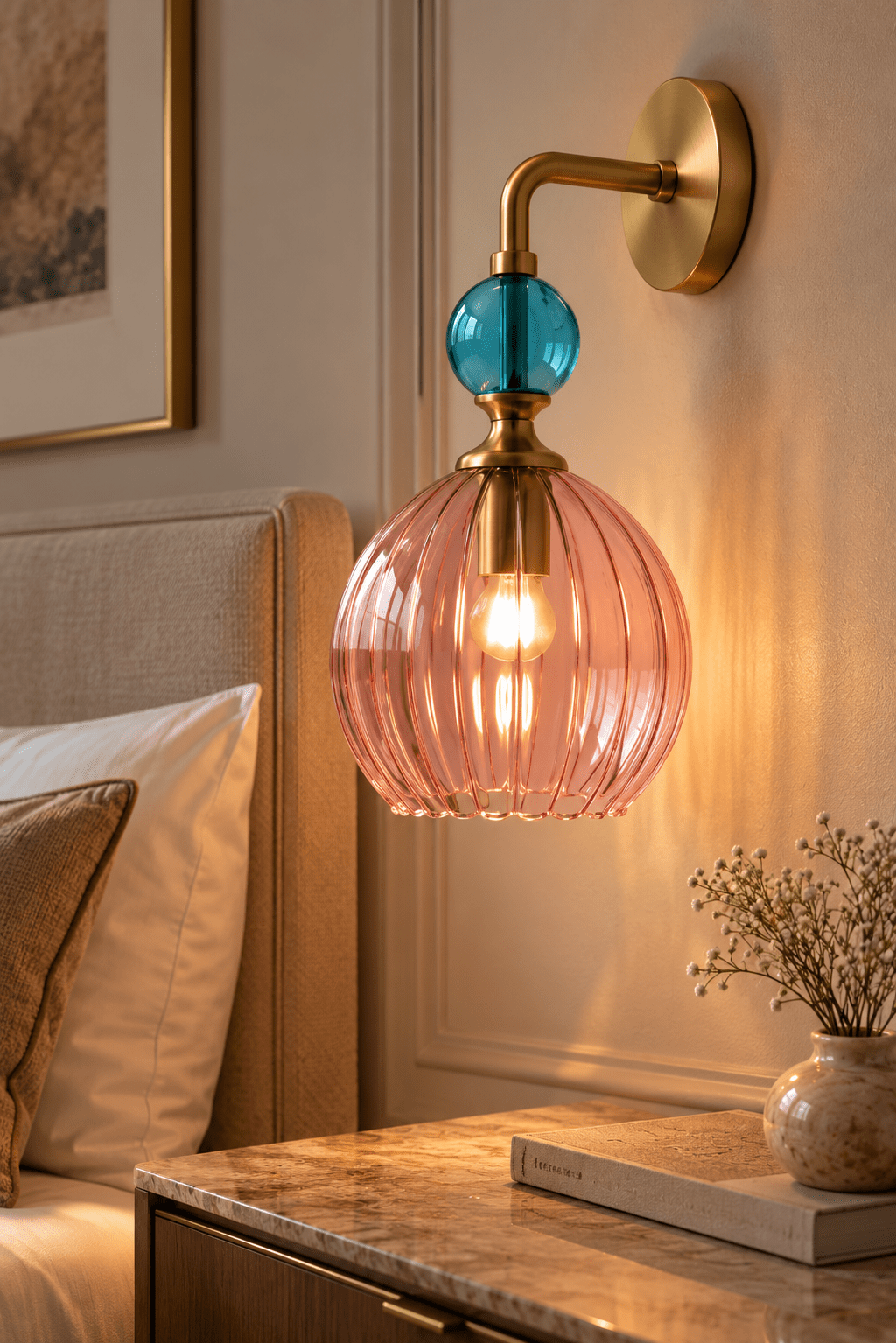 Hand Blown Pink Ribbed Glass Wall Sconce with Brass & Turquoise Accents