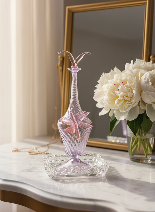Hand-Blown Purple Glass Perfume Bottle with Dragonfly Accent | Les Trois Pyramides 