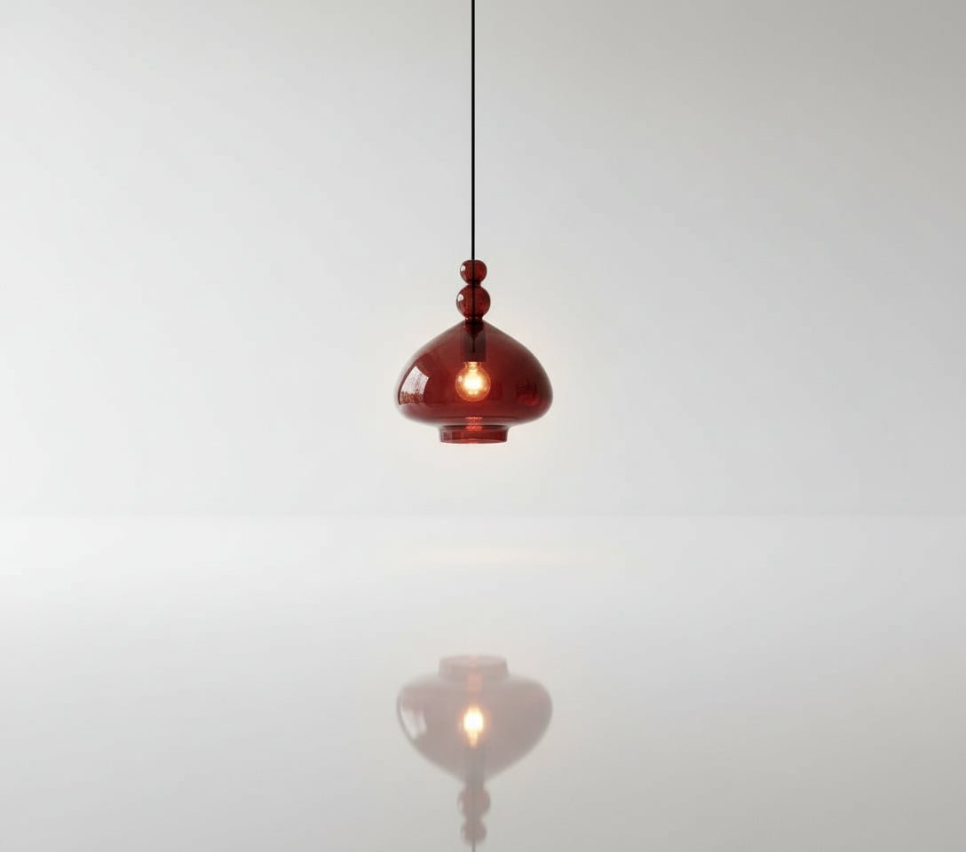 Hand-Blown Red Dome Glass Pendant with Rounded Beads