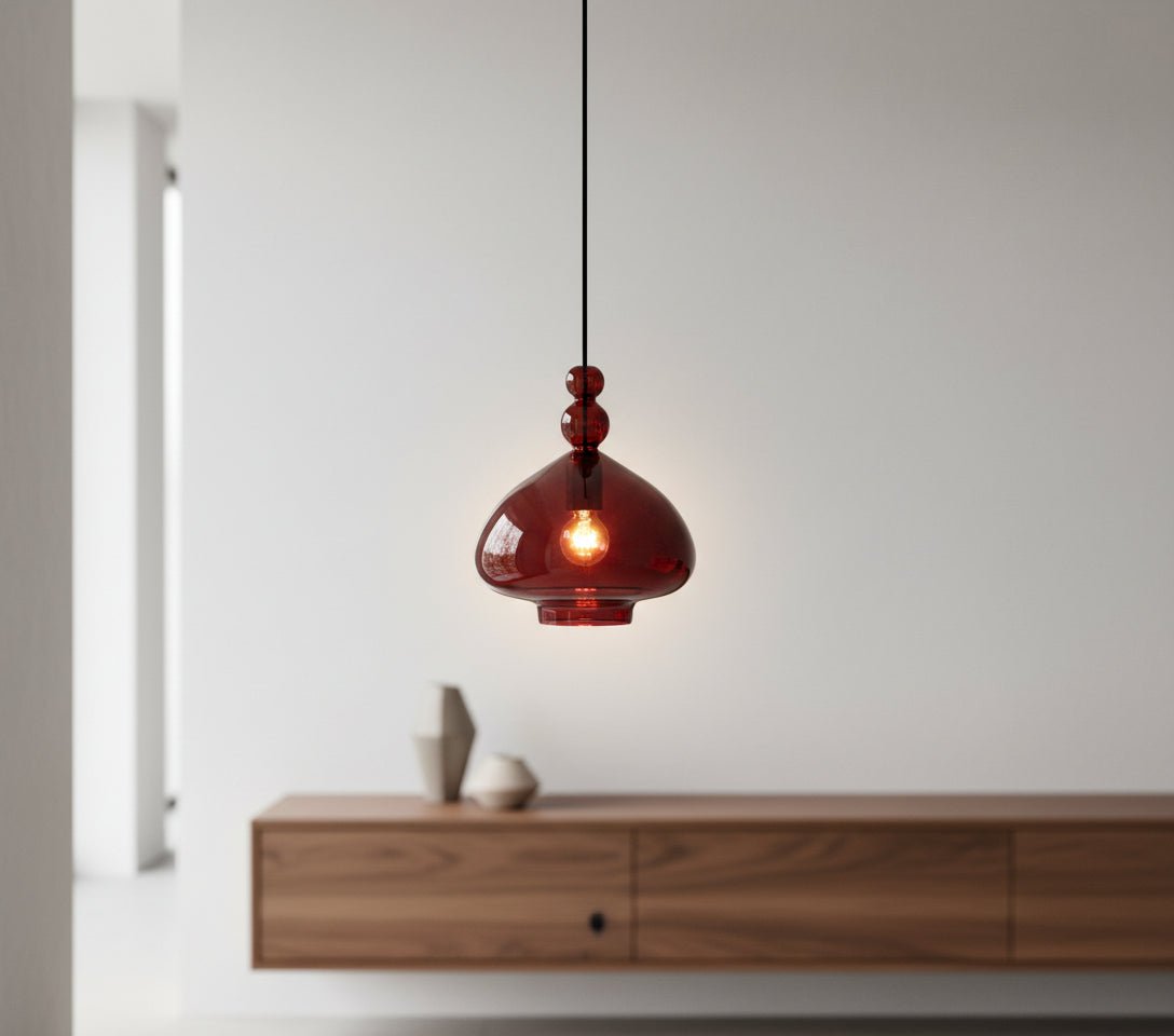 Hand-Blown Red Dome Glass Pendant with Rounded Beads