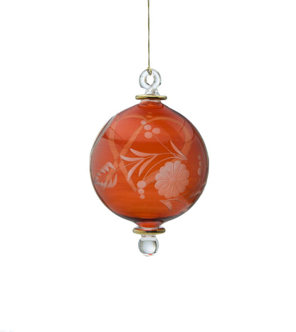 Hand-Blown Red Glass Christmas Ornament – Engraved Floral Design for Elegant Holiday Decor | Les Trois Pyramides