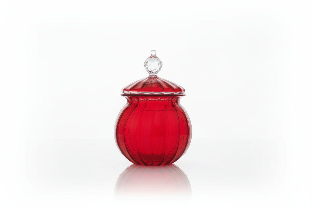 Hand Blown Red Glass Storage Jar with Lid