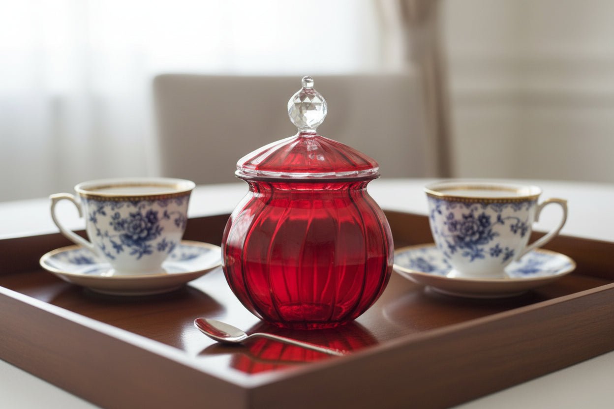 Hand Blown Red Glass Storage Jar with Lid