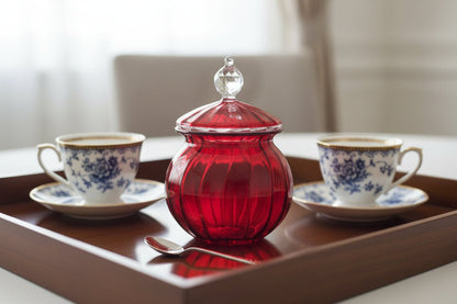 Hand Blown Red Glass Storage Jar with Lid
