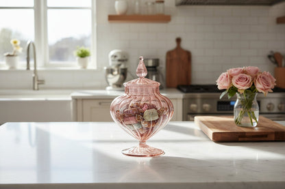 Hand Blown Ribbed Glass Candy Jar with Lid – Blush Pink Storage Container
