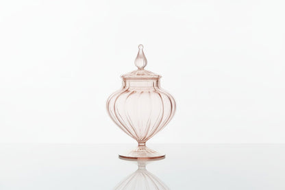 Hand Blown Ribbed Glass Candy Jar with Lid – Blush Pink Storage Container