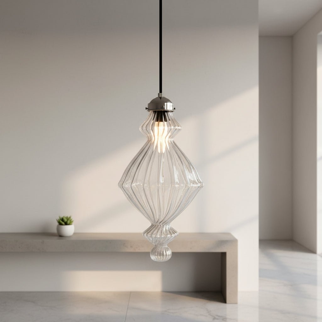 Hand-Blown Ribbed Glass Pendant Light – Unique Lighting Fixture for Modern Interiors