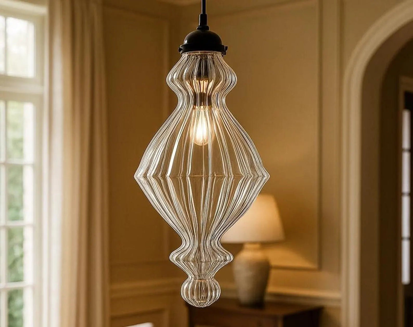 Hand-Blown Ribbed Glass Pendant Light – Unique Lighting Fixture for Modern Interiors | Les Trois Pyramides
