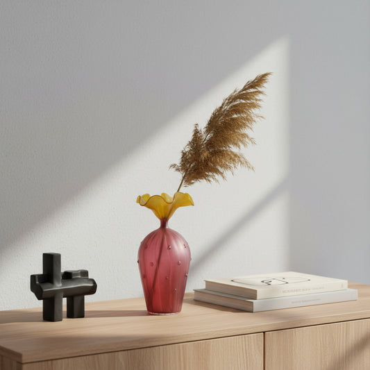  Hand-Blown Ruby and Yellow Glass Vase – Unique Ruffled Top Decorative Centerpiece | Les Trois Pyramides 