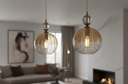 Soft Gold Engraved Glass Pendant Light – Handmade Hanging Lamp | Les Trois Pyramides