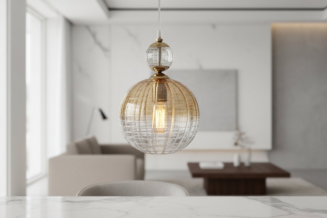 Hand Blown Soft Gold Engraved Glass Pendant Light – Round Hanging Lamp