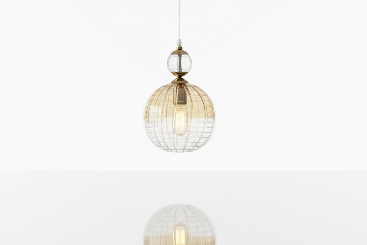 Hand Blown Soft Gold Engraved Glass Pendant Light – Round Hanging Lamp
