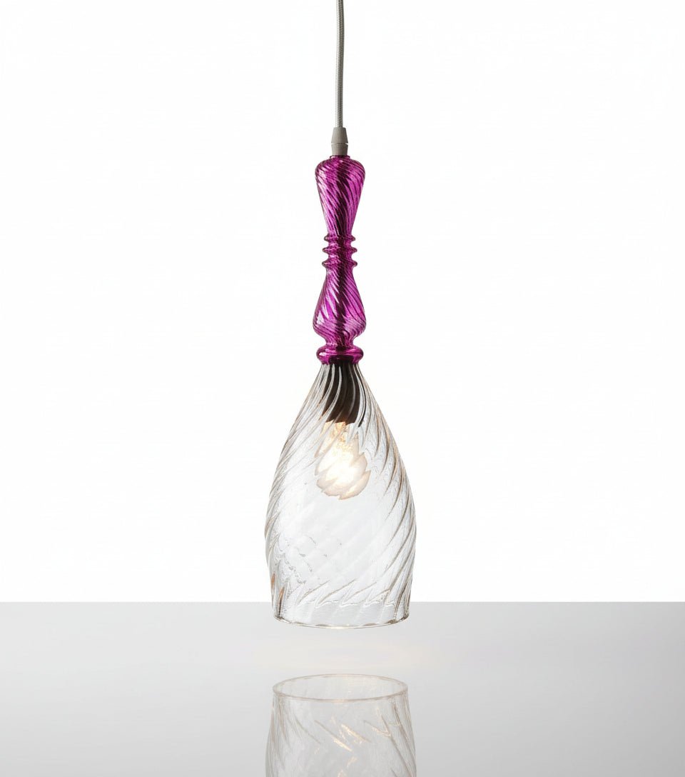 Hand-Blown Swirl Glass Pendant Light with Pink Accent