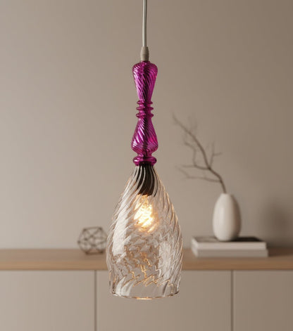 Hand-Blown Swirl Glass Pendant Light with Pink Accent