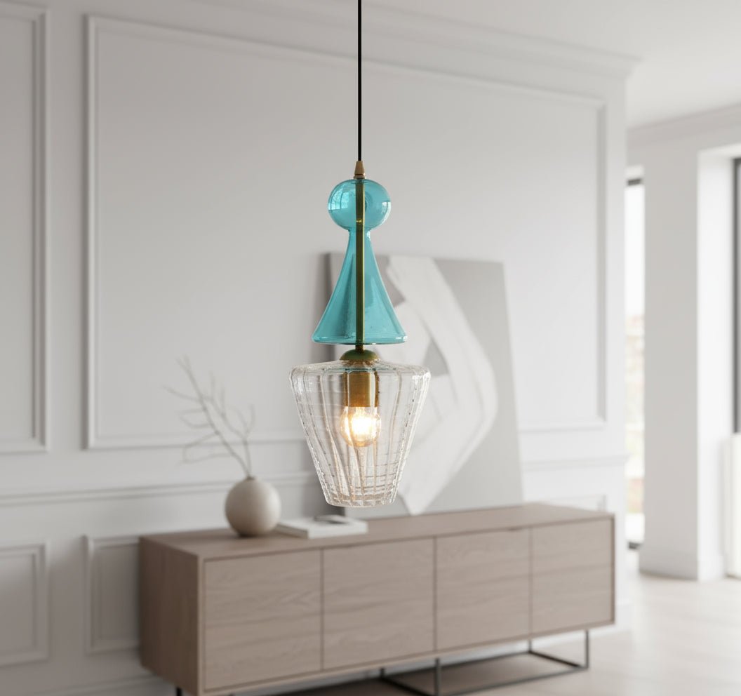 Hand-Blown Turquoise & Clear Glass Pendant Light – Modern Ceiling Fixture for Dining & Living Spaces