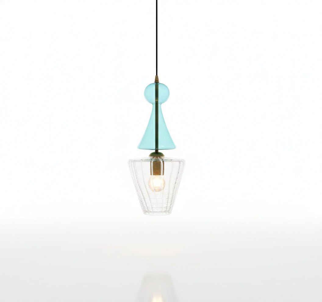 Hand-Blown Turquoise & Clear Glass Pendant Light – Modern Ceiling Fixture for Dining & Living Spaces