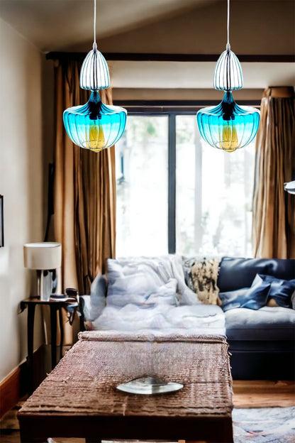 Hand-Blown Turquoise Glass Pendant Light – Unique Modern Ceiling Fixture for Elegant Home Lighting | Les Trois Pyramides