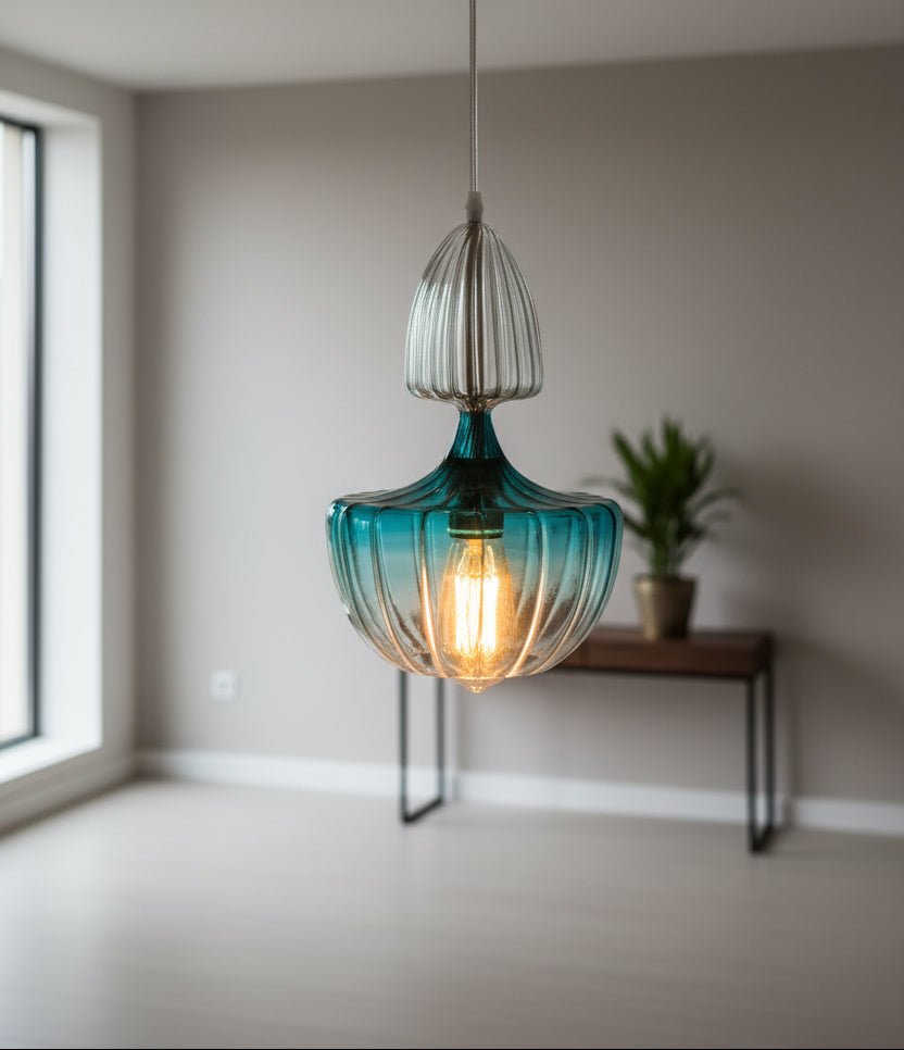 Hand-Blown Turquoise Glass Pendant Light – Unique Modern Ceiling Fixture for Elegant Home Lighting