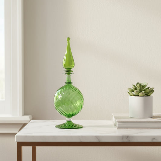 Handblown Green Glass Decorative Bottle - Unique Art Glass Bottle with Swirl Design for Home Decor | Les Trois Pyramides
