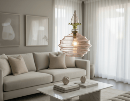 Handblown Pink Glass Pendant Light - Floral-Inspired Hanging Lamp for Kitchen, Bedroom, or Living Room Home Decor